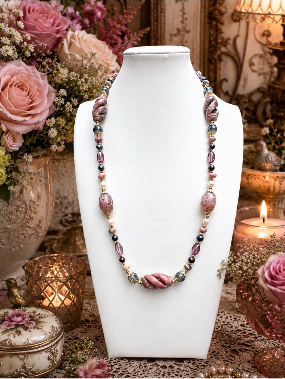 ARTISAN Carved Rhodonite, Freshwater Pearl, Czech Glass, & Crystal Necklace